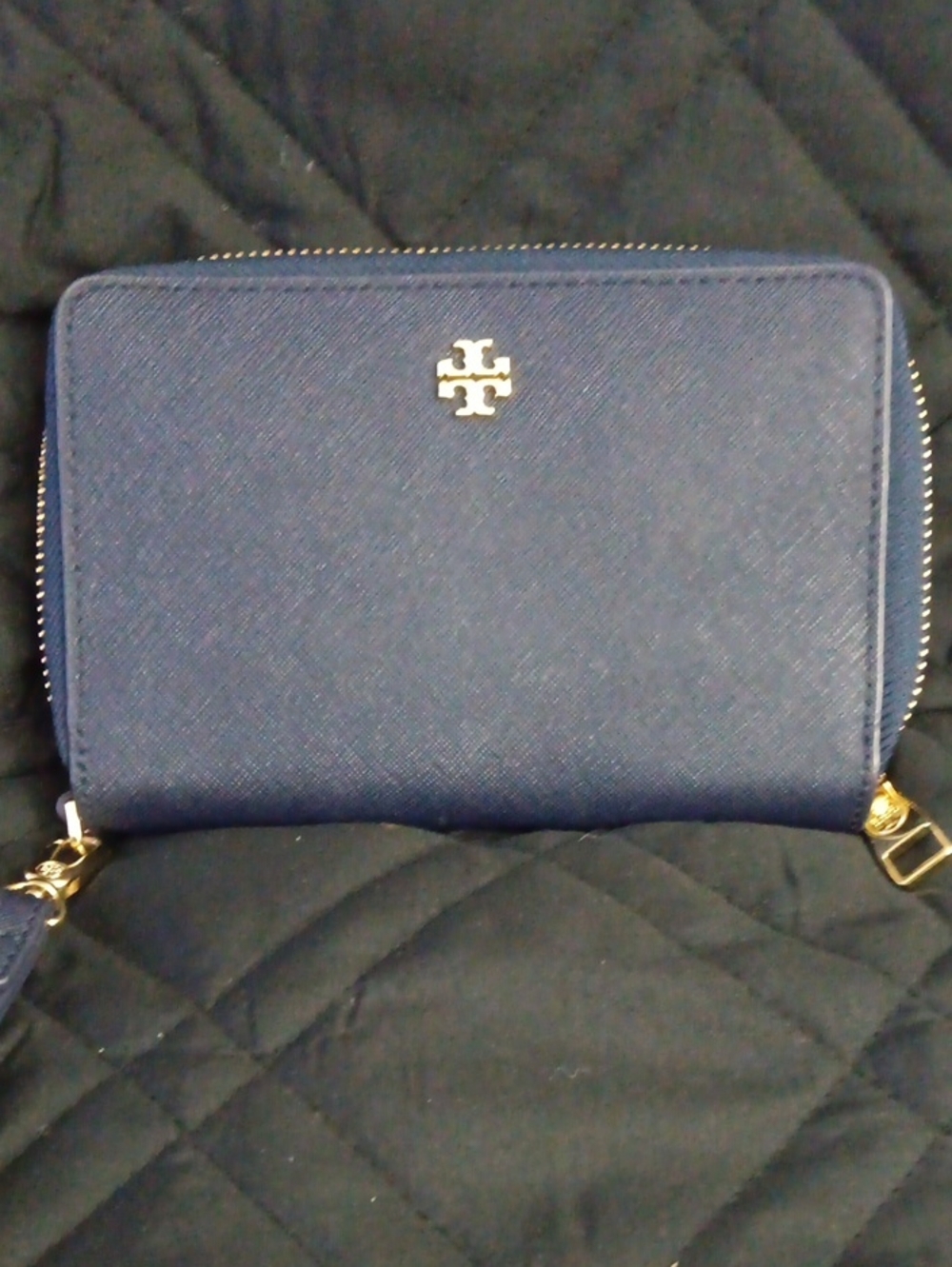 Tory Burch Navy Saffiano Zip Wallet with Gold Logo